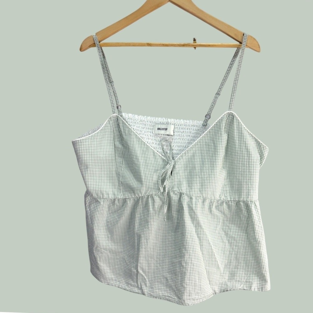 Hollister Gingham Camisole Womens XXL Green Babydoll Cottagecore Smocked Tie Top